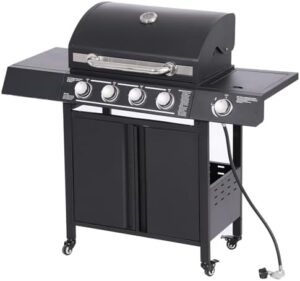 Boost your outdoor cooking experience with this 4-Burner Propane Gas BBQ Grill featuring a Top Cover Lid & Side Burner, perfect for camping, patio or backyard barbecues.