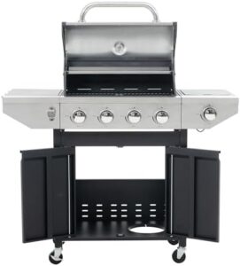 Here is the optimized SEO meta description:

"Upgrade your outdoor cooking with this 5 burner propane gas grill featuring a stainless steel cabinet and wheels for easy mobility. Perfect for backyard barbecues, dimensions: 58x26.5x38.5 inches."