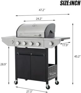 Here is the optimized SEO meta description:

"Upgrade your outdoor cooking with this 5 burner propane gas grill featuring a stainless steel cabinet and wheels for easy mobility. Perfect for backyard barbecues, dimensions: 58x26.5x38.5 inches."