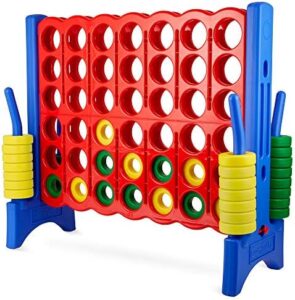 "Immerse yourself in family fun with the Giant 4 in a Row Connect Game, perfect for outdoor and indoor play. This oversized floor activity measures 4 feet wide by 3.5 feet tall and is designed for kids and adults to enjoy together."