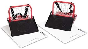 "Master backyard hockey with the Extreme Sauce Combo Double, featuring a mini goal for up to 40 pucks and shooting pad simulating real ice. Practice trick shots and improve your saucer passing skills with this comprehensive training aid."