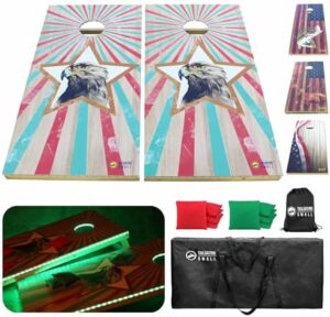 Here is the output:

"Transform your backyard gatherings with this premium LED cornhole board set, featuring solid wood construction and regulation size dimensions. Includes 8 bags for adults to enjoy. Perfect for nighttime games!"