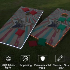 Here is the output:

"Transform your backyard gatherings with this premium LED cornhole board set, featuring solid wood construction and regulation size dimensions. Includes 8 bags for adults to enjoy. Perfect for nighttime games!"