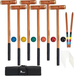 Upgrade your outdoor game with this 35" Six Player Croquet Set, featuring deluxe wooden mallets, colored balls, wickets, and stakes. Perfect for lawn, backyard, or park play.