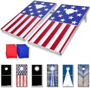 "Upgrade your outdoor gatherings with these 4x2 ft aluminum cornhole game sets. Choose from LED lights or standard options and get everything you need: 2 foldable boards, 8 bean bags, and rules."