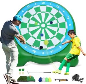 Get ready to par-tay in your backyard with Giant Darts, featuring over 10 golf games, an air pump, and portable yard games for adults and family. Perfect outdoor carnival fun!