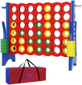 "Challenge your family and friends with the Jumbo 4 in a Row Game Set, featuring a 4FT giant game board, 42 pieces, cup holder, and carry bag. Perfect for indoor or outdoor fun, boosting brain power for all ages!"