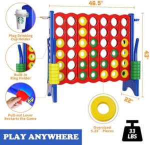"Challenge your family and friends with the Jumbo 4 in a Row Game Set, featuring a 4FT giant game board, 42 pieces, cup holder, and carry bag. Perfect for indoor or outdoor fun, boosting brain power for all ages!"