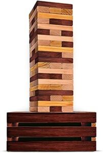 "Transform your outdoor gatherings with the Reclaimed Giant Tower, featuring 60 weather-resistant blocks and a storage crate. Stacks up to 5ft tall, perfect for adults!"