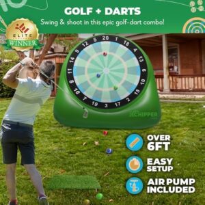 "Unleash outdoor fun with Bull Chipper's giant golf darts, measuring over 6ft tall, featuring 10+ games for adults and family. Perfect backyard and yard games for a unique outdoor experience."