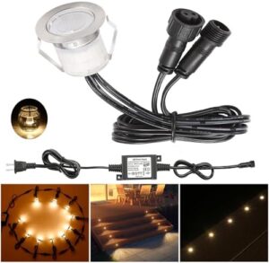 Illuminate your outdoor spaces with this Low Voltage LED Deck Light Kit, featuring 30 waterproof recessed lamps for pathway, patio, and stair lighting.