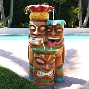 Discover the vibrant Alpine Corporation water fountain featuring 3 tiers and colorful tiki heads, perfect for indoor or outdoor spaces. Enjoy a tropical atmosphere with LED lights, compact design (35" H).