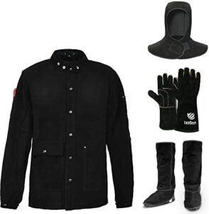 Here is the optimized meta description:

"Protect yourself from sparks and heat with this leather welding jacket set, including gloves, hood, and spats. Ideal for woodworking, blacksmithing, gardening, mechanics, and BBQ enthusiasts."