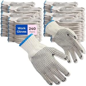 Get protected hands with FMP Brands' 12/24/240 Pairs Safety Cotton Work Gloves featuring double-sided dot machine knit for grip and comfort.