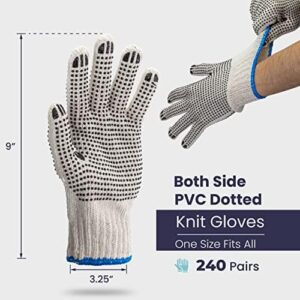Get protected hands with FMP Brands' 12/24/240 Pairs Safety Cotton Work Gloves featuring double-sided dot machine knit for grip and comfort.