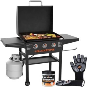 Here is the generated SEO meta description:

"Experience outdoor cooking like never before with this 28 Inch Blackstone Griddle featuring a hood, 3-burner design, and included seasoning and gloves. Perfect for large gatherings or everyday use."