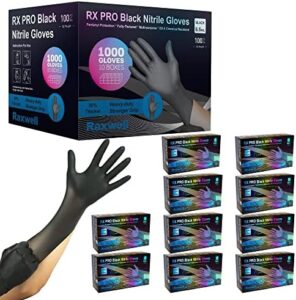 Protect hands with Raxwell Heavy Duty Disposable Gloves Latex Free, powder free and chemical resistant. X-Large 6.5 Mil Black Nitrile Gloves for janitors, kitchens, mechanics, and more - 1000 Count. Food grade and food safe.