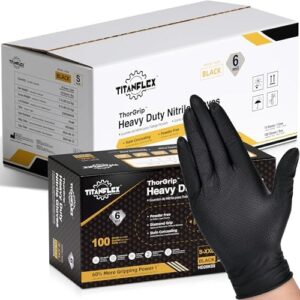 Protect hands with TitanFlex's heavy-duty black nitrile gloves, featuring raised diamond texture and 6 mil thickness. Perfect for handling chemicals or heavy tasks, these latex-free gloves ensure durability and comfort.