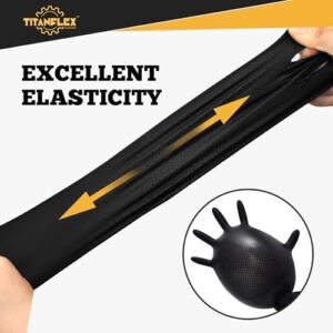 Protect hands with TitanFlex's heavy-duty black nitrile gloves, featuring raised diamond texture and 6 mil thickness. Perfect for handling chemicals or heavy tasks, these latex-free gloves ensure durability and comfort.