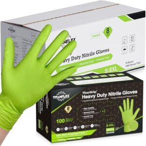 Here is the generated meta description:

"Protect your hands with TitanFlex Thor Grip Heavy Duty Green Industrial Nitrile Gloves featuring 8-mil thickness and raised diamond texture. Latex-free and powder-free, ideal for heavy-duty tasks, now at a discounted price!"