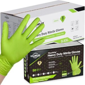 Boost productivity and grip strength with TitanFlex Thor Grip Heavy Duty Green Industrial Nitrile Gloves featuring raised diamond texture and 8-mil thickness. Order a 50-count box today!
