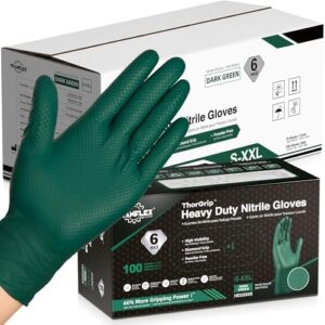"Protect your hands with TitanFlex Heavy Duty Nitrile Gloves featuring 6 mil dark green raised diamond texture and latex-free design for mechanics and DIY enthusiasts."