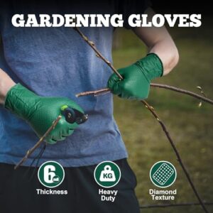 "Protect your hands with TitanFlex Heavy Duty Nitrile Gloves featuring 6 mil dark green raised diamond texture and latex-free design for mechanics and DIY enthusiasts."