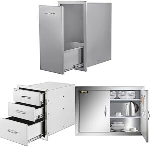 Upgrade your outdoor kitchen with Pull Out Trash Drawer and stainless steel triple access BBQ drawers, featuring 2 sizes: 13.6"Wx26"Hx19.3"D Inch & 18x23 Inch, perfect for any BBQ setup.