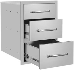 Discover triple drawers for your outdoor kitchen island or patio grill station. Perfectly sized at 14" W x 21"H x 21"D with stainless steel construction and chrome handle.