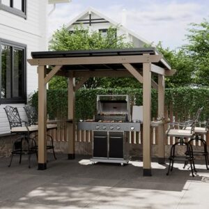 Here is the generated SEO meta description:

"Elevate your outdoor gatherings with this 8x6 FT Cedar Wood BBQ Grill Gazebo featuring a hardtop steel roof, wooden pergola and 2 side storage shelves for grill, garden or backyard use"