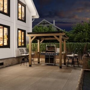 Here is the generated SEO meta description:

"Elevate your outdoor gatherings with this 8x6 FT Cedar Wood BBQ Grill Gazebo featuring a hardtop steel roof, wooden pergola and 2 side storage shelves for grill, garden or backyard use"