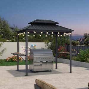 Elevate your outdoor gatherings with this 6' X 8' Hardtop Grill Gazebo featuring aluminum construction, 24 clear light bulbs, and double-tiered shelves for ample storage. Perfect for patios and BBQs!