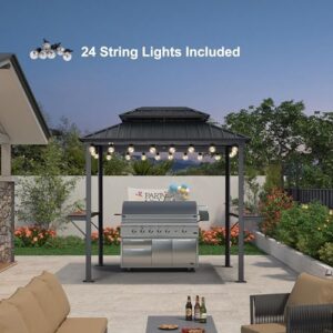 Elevate your outdoor gatherings with this 6' X 8' Hardtop Grill Gazebo featuring aluminum construction, 24 clear light bulbs, and double-tiered shelves for ample storage. Perfect for patios and BBQs!