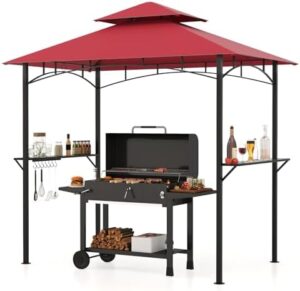 "Upgrade your outdoor entertaining space with this sturdy 8x5 Ft grill gazebo featuring a 2-tier design, 2 shelves, and 7 hooks for ample storage. Perfect for backyard gatherings or poolside events."