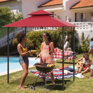 "Upgrade your outdoor entertaining space with this sturdy 8x5 Ft grill gazebo featuring a 2-tier design, 2 shelves, and 7 hooks for ample storage. Perfect for backyard gatherings or poolside events."