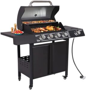 Experience outdoor cooking perfection with this 4-Burner Propane Gas Grill featuring a side burner and stainless steel grates. Ideal for patio garden barbecues, perfect for 50,000BTU outdoor cooking.