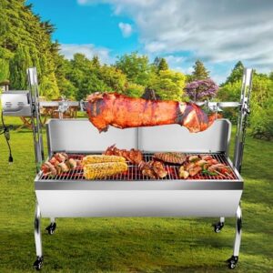 Here is the meta description:

"Upgrade your outdoor grilling with this 25W rotisserie grill, featuring a wind screen and roaster for effortless cooking of pigs, lambs, and more. Perfect for camping or backyard barbecues."