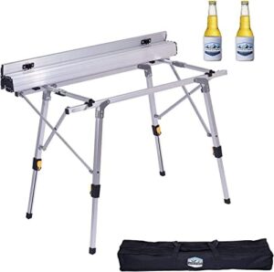 Discover the Alpen Outdoor Folding Aluminum Camping Table with adjustable legs for outdoor adventures. Lightweight, compact, and featuring a mesh layer & carry bag, plus beer holders (47 x 27 inch). Perfect for picnics, BBQs, and more!