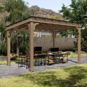 "Enhance your outdoor gatherings with the 10x12 FT Wooden Grill Gazebo featuring a sloping metal roof and perfect for full-size grills. Ideal for patios, lawns, and gardens."