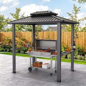Experience outdoor cooking in style with the 6x8 Hardtop Grill Gazebo, featuring a galvanized steel double roof and 2 side shelves for deck, lawn, or backyard use. Perfect for BBQs and gatherings!
