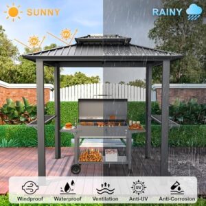 Experience outdoor cooking in style with the 6x8 Hardtop Grill Gazebo, featuring a galvanized steel double roof and 2 side shelves for deck, lawn, or backyard use. Perfect for BBQs and gatherings!