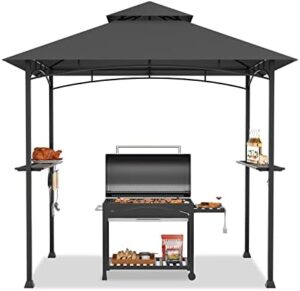 Here is the meta description:

"Upgrade your outdoor cooking with this sturdy 8x5 Ft BBQ shelter featuring double-tiered grill gazebo with 2 side shelves, 5 hooks, and bottle opener. Perfect for patio, garden, beach or backyard use."