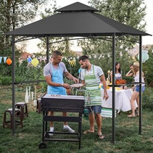 Here is the meta description:

"Upgrade your outdoor cooking with this sturdy 8x5 Ft BBQ shelter featuring double-tiered grill gazebo with 2 side shelves, 5 hooks, and bottle opener. Perfect for patio, garden, beach or backyard use."