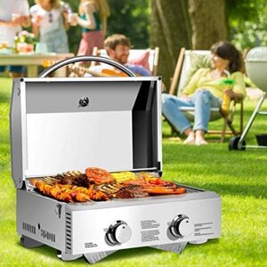 Perfect for camping trips and outdoor gatherings, the Moccha Stainless Steel Propane TableTop Gas Grill features 2 burners and 20000 BTU. Enjoy compact portability with foldable legs.
