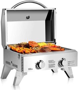 Perfect for camping trips and outdoor gatherings, the Moccha Stainless Steel Propane TableTop Gas Grill features 2 burners and 20000 BTU. Enjoy compact portability with foldable legs.