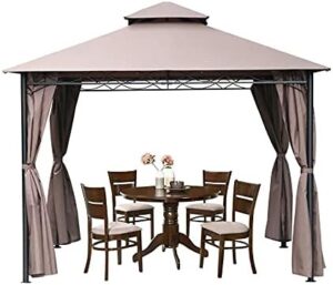 Enhance your outdoor gatherings with this 10' x 13' brown gazebo canopy tent, featuring a large garden top and sidewalls for UV block sun shade. Perfect for BBQs and patio parties!