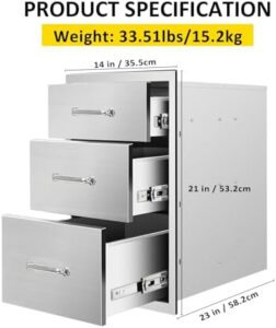 Here is the meta description:

"Experience outdoor cooking convenience with these triple BBQ drawers featuring stainless steel construction and chrome handle. Perfect for patio grill stations, dimensions 14x21x23 inches"