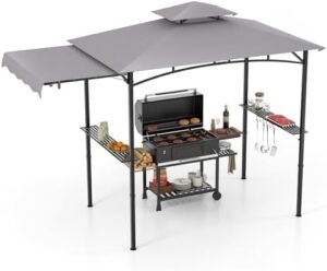Enhance your outdoor cooking experience with the Outdoor Grill Gazebo Canopy, featuring a double-tiered top, 2 side shelves, and metal frame. Perfect for BBQ gatherings, with hanging hooks, bottle opener, and ample space to grill.