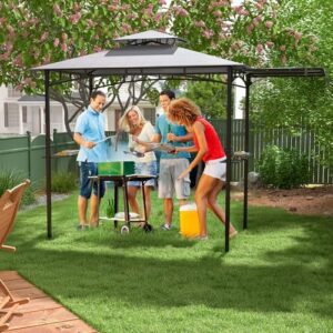 Enhance your outdoor cooking experience with the Outdoor Grill Gazebo Canopy, featuring a double-tiered top, 2 side shelves, and metal frame. Perfect for BBQ gatherings, with hanging hooks, bottle opener, and ample space to grill.