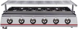 Here is the optimized meta description:

"Indoor smokeless BBQ grill with 6 burners and adjustable height, perfect for outdoor and indoor use. Includes removable grill net. Compact design for tabletop or countertop use."